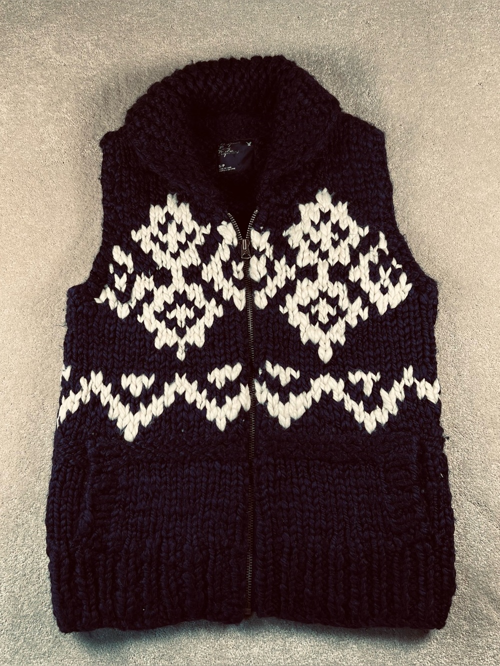 American Eagle Sweater Vest Blue White Knit Chunky Full Zip Wool Blend Women's S